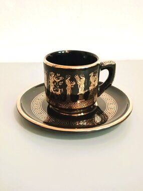 ST Greek Key Demitasse Teacup & Saucer Vintage Hand Made with 24K Gold Trim